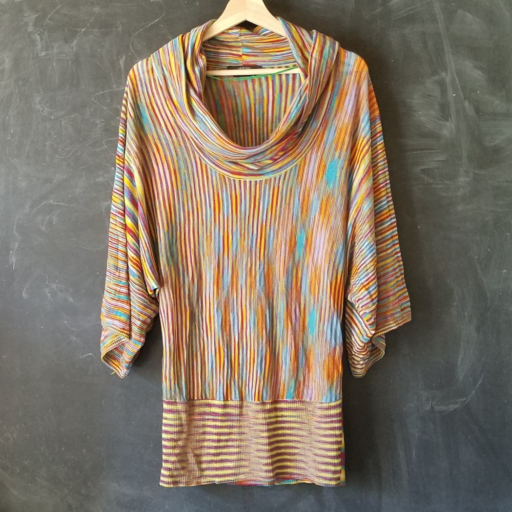 Vertigo Cowl Neck Sweater Butterfly Sleeves Fitted Waist Rainbow Multico…